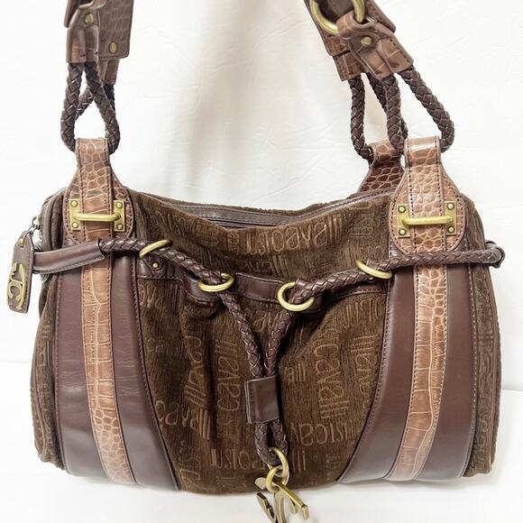 JUST CAVALLI BROWN HOBO VINTAGE WOMEN WITH BRAIDED DETAIL BAG